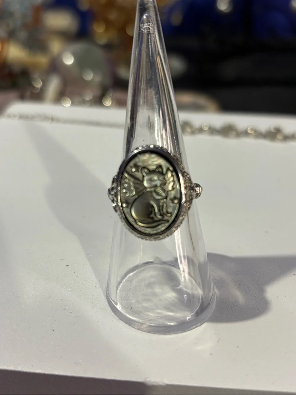 Sterling Silver Abalone Cat Cameo Ring - Silver/Green